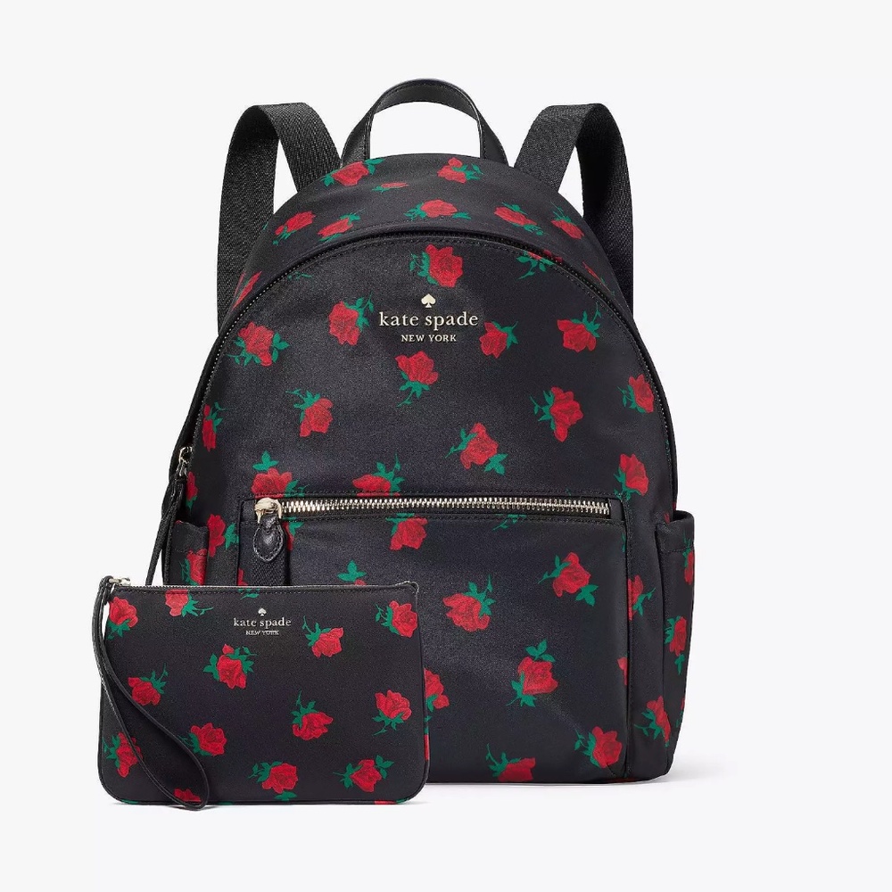 Kate Spade Rose Toss Print Medium Backpack+ Medium Wristlet NWT